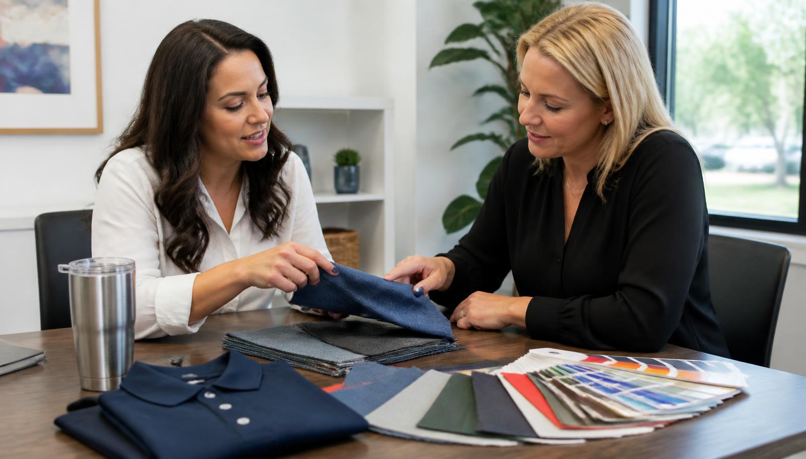 Two women reviewing promotional product samples together — fabric swatches, a folded polo, a tumbler and a color swatch fan