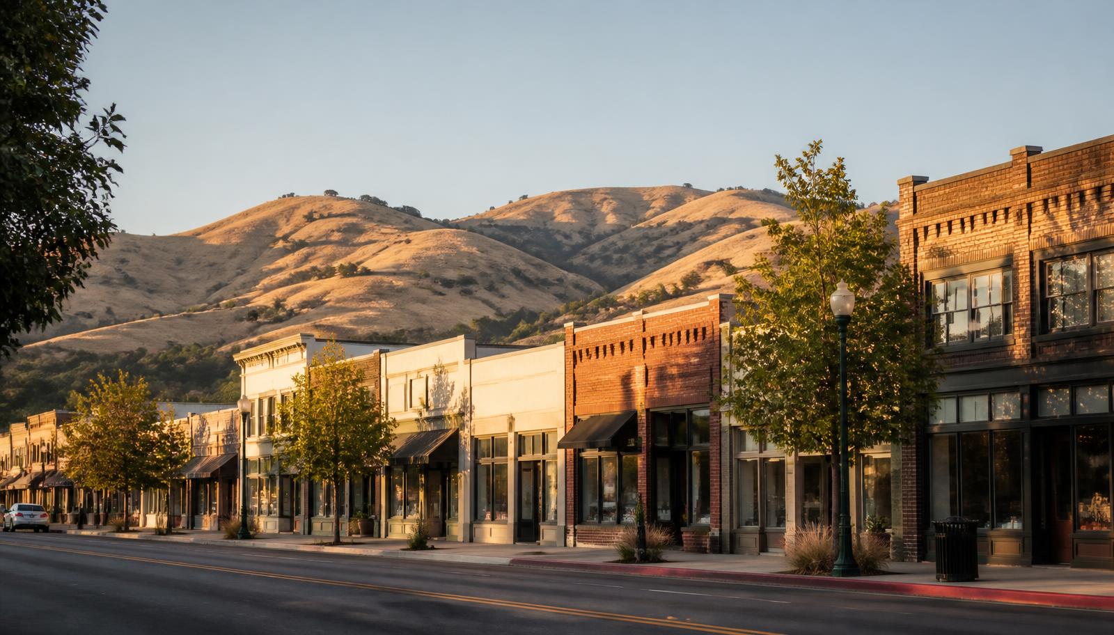 Golden-hour view of a small Santa Clara Valley downtown street with storefronts and dry golden foothills behind