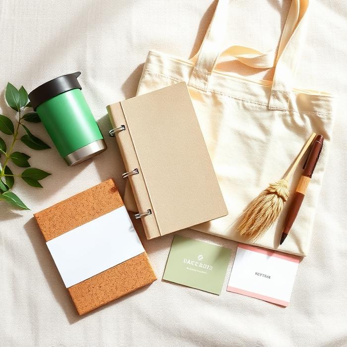Bamboo travel mug, cork notebook, recycled cotton tote and wheat-straw pen on linen