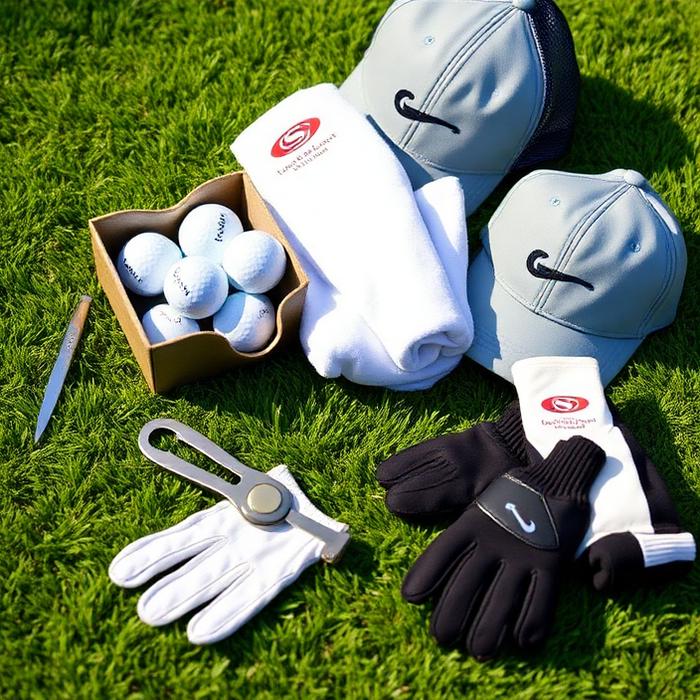 Branded golf balls, towel, cap and tees arranged beside a golf glove