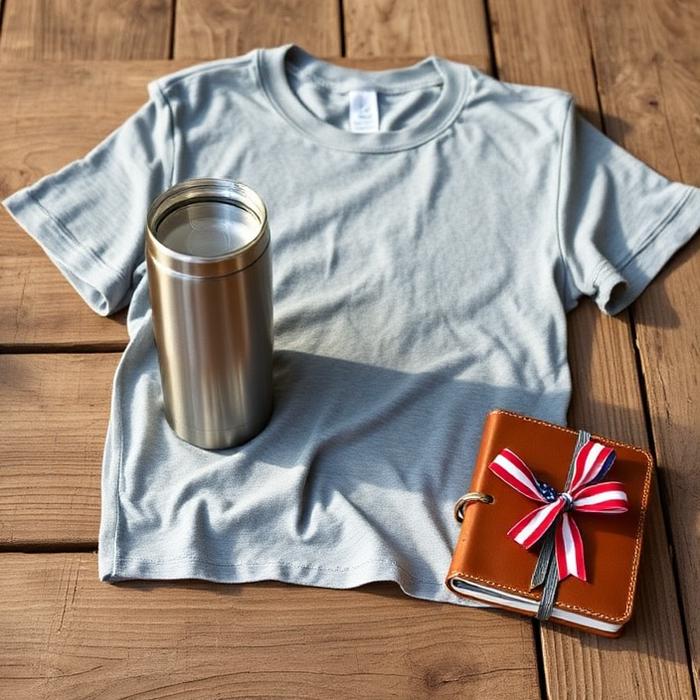 Cotton tee, stainless tumbler and leather journal on a wood surface