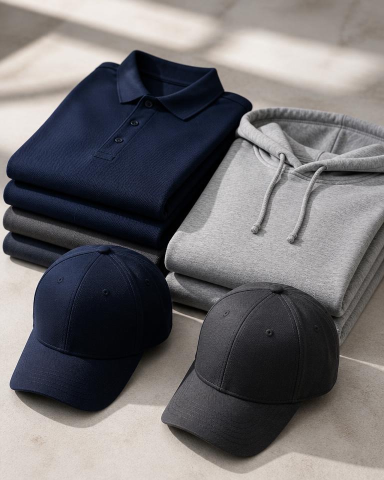 Folded branded polo shirts and embroidered caps stacked on a table