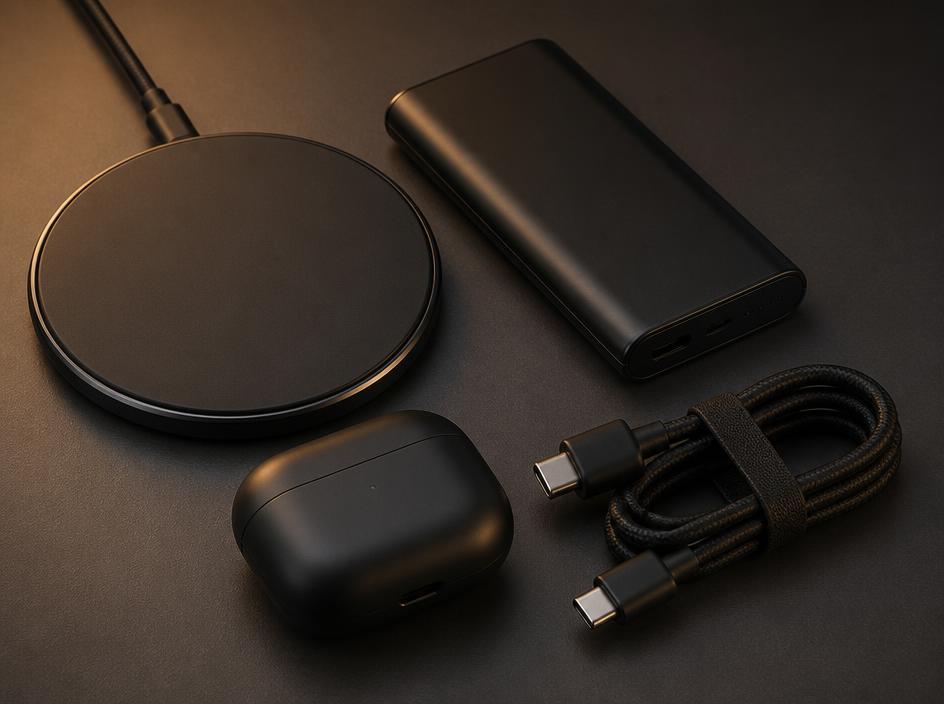 Wireless charging pad, earbuds case and slim power bank arranged on a desk