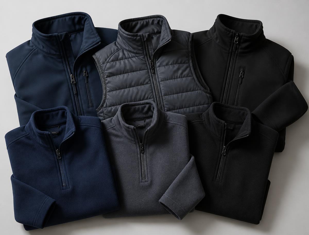 Folded corporate softshell jackets, quilted vests and fleece pullovers