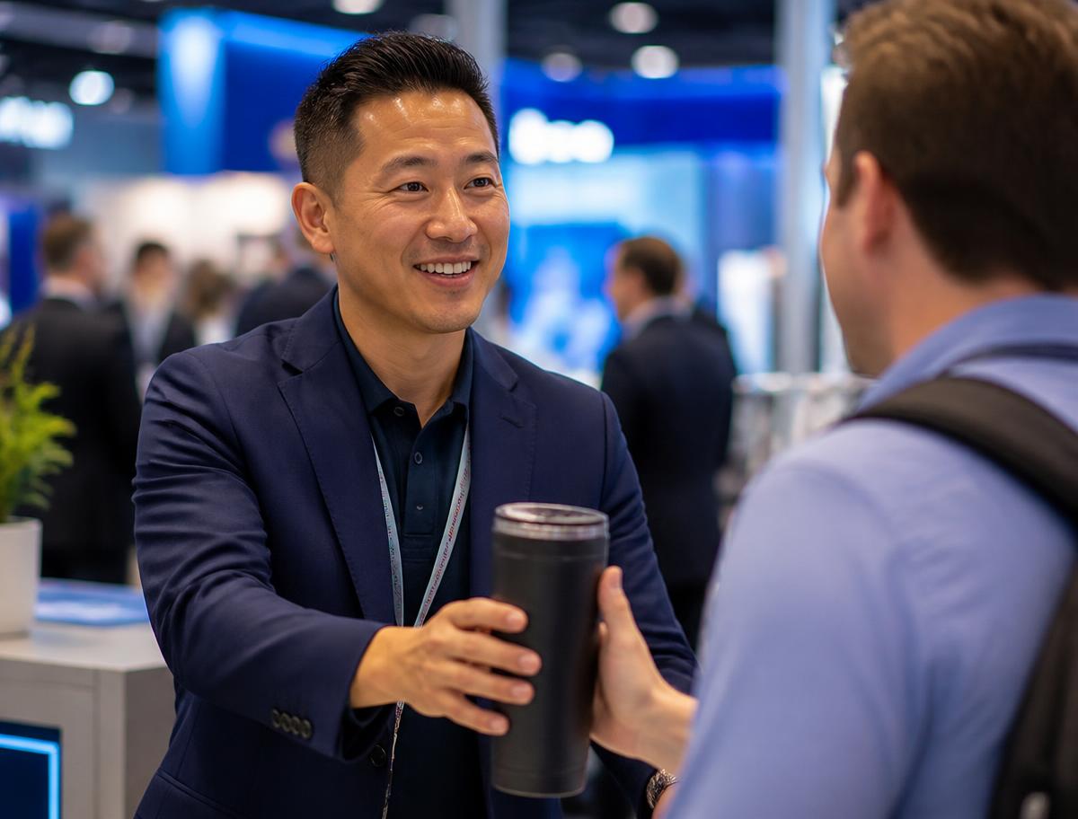 Male technology marketing lead handing a branded insulated tumbler to a visitor at a busy trade show booth
