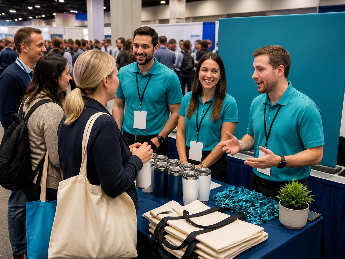 Trade show booth counter set with tote bags, lanyards and giveaway samples