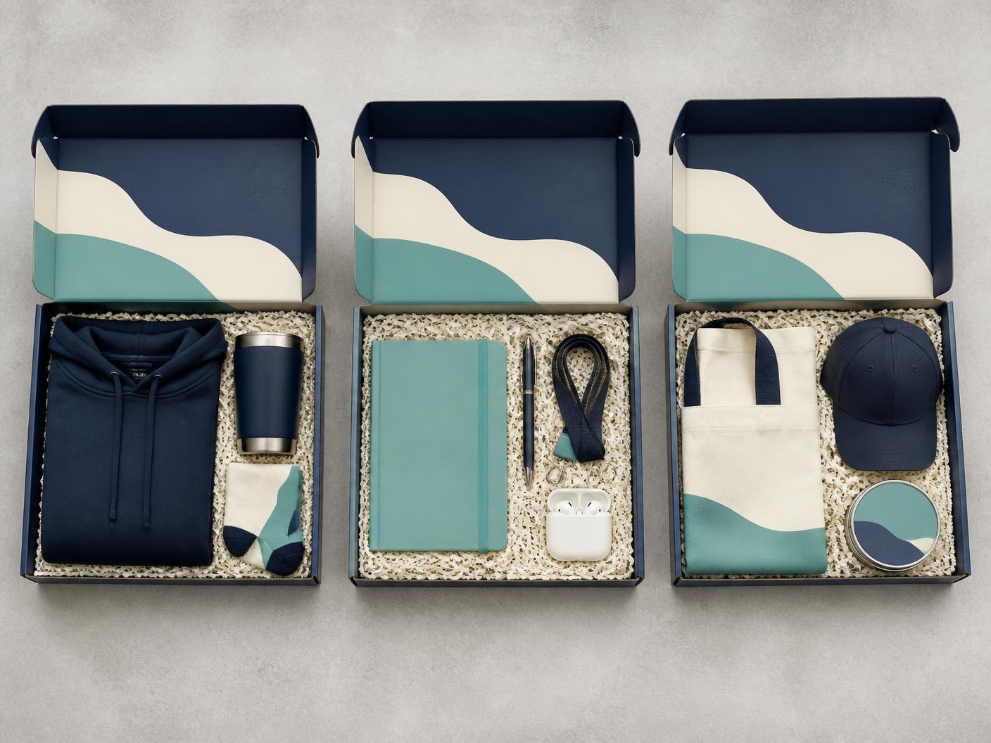 Open branded gift box holding a tumbler, notebook and folded apparel