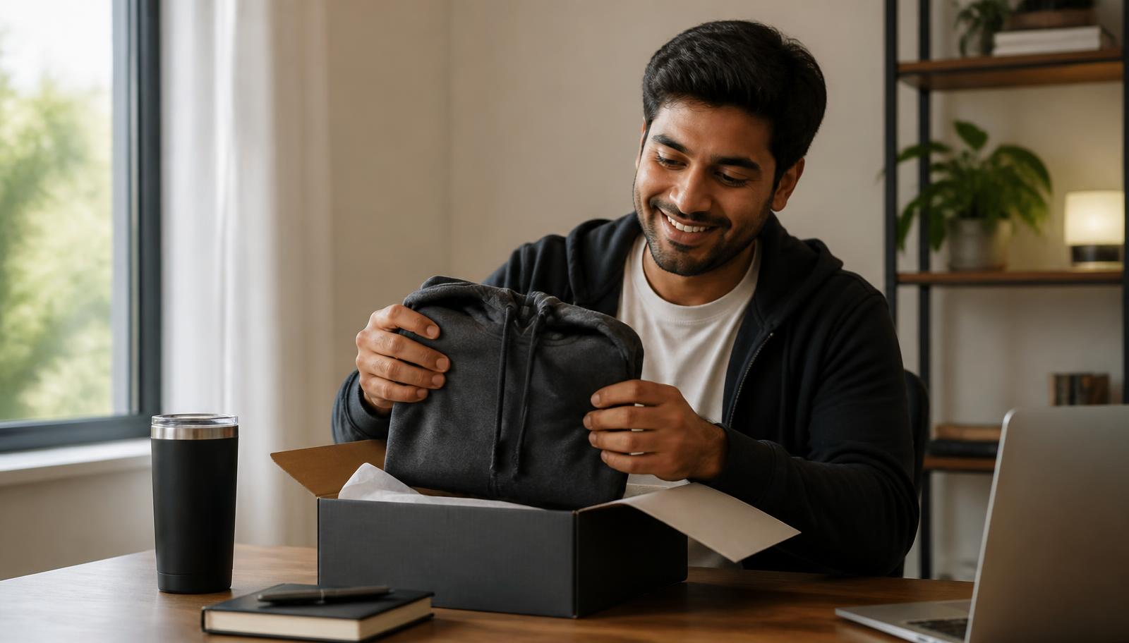 Open welcome kit box with folded apparel, a notebook and a tumbler ready for a new hire